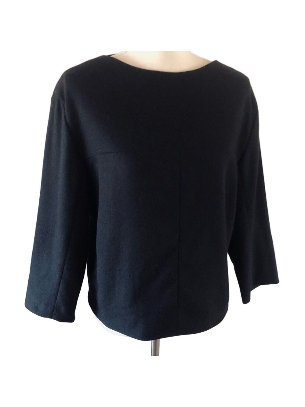 Narciso Rodriguez Black Wool Top Women's Boxy Boatneck 3/4 Sleeves Back Zipper